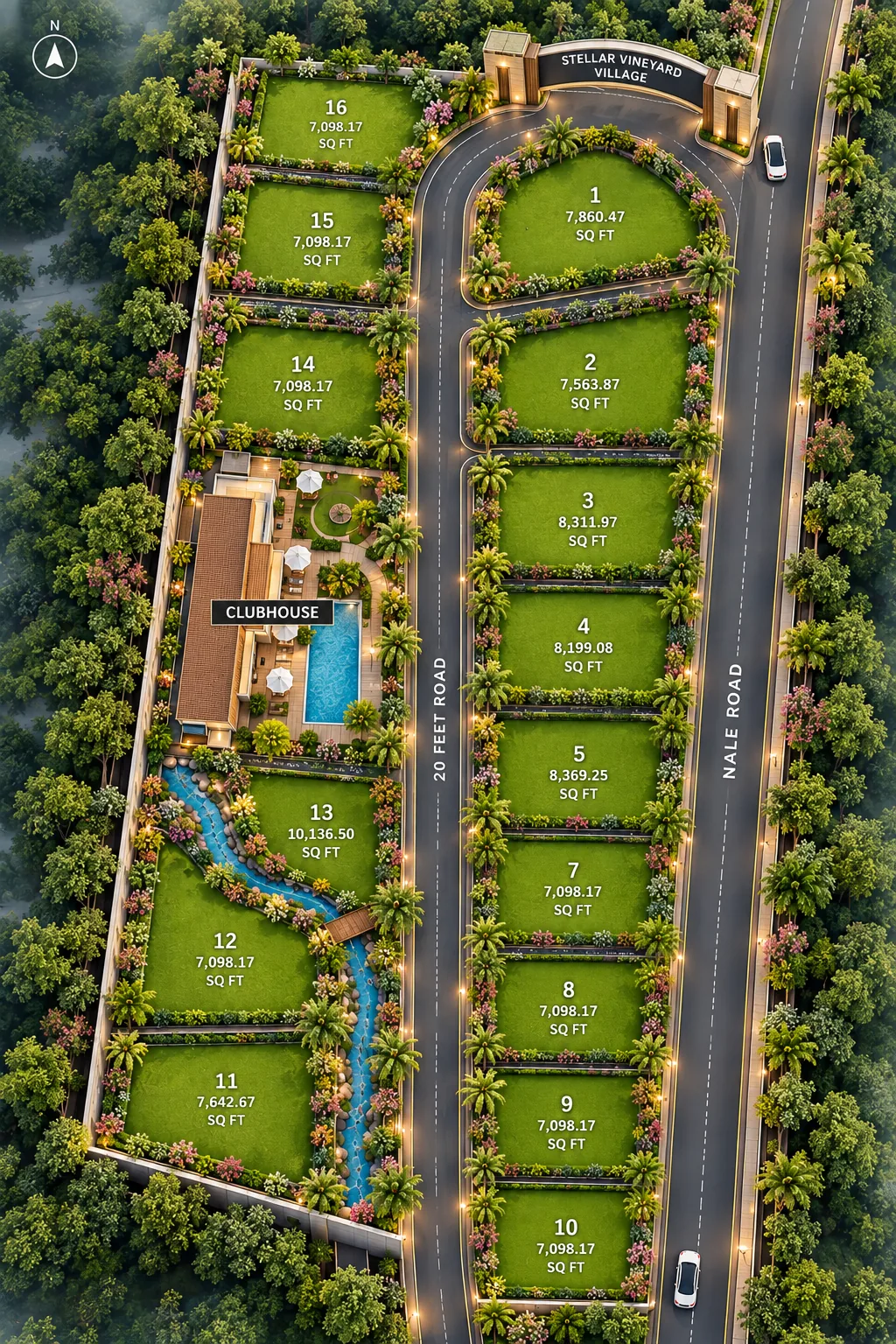 Aerial master plan of Stellar Vineyard Village showing numbered plots, the clubhouse with pool, a landscaped stream, the 20 feet internal road and Nale Road